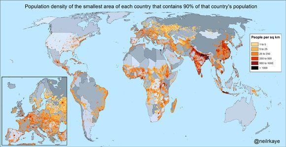 世界各地人口密度图:中国 印度最亮眼,欧洲各国很均衡